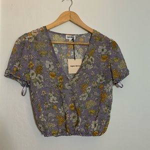 Super Down Sheer lavender Floral Crop Top Blouse